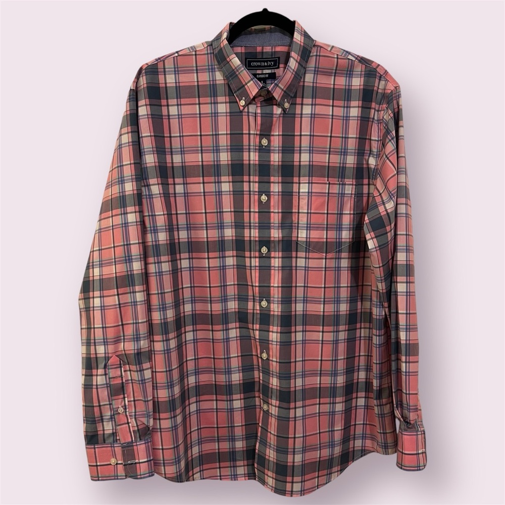 crown & ivy Large Classic Fit Pink/Blue/White Plaid L/S Button Shirt - Like New